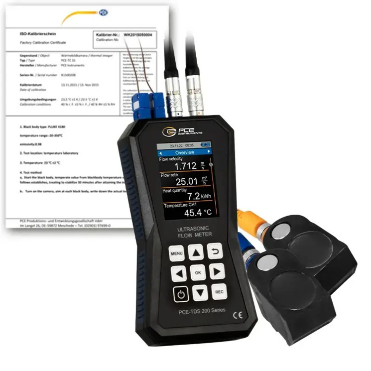Débitmètre à ultrasons avec capteur de température et certificat d´étalonnage ISO - débit, vitesse, volume d'un fluide, puissance thermique, énergie thermique et température.