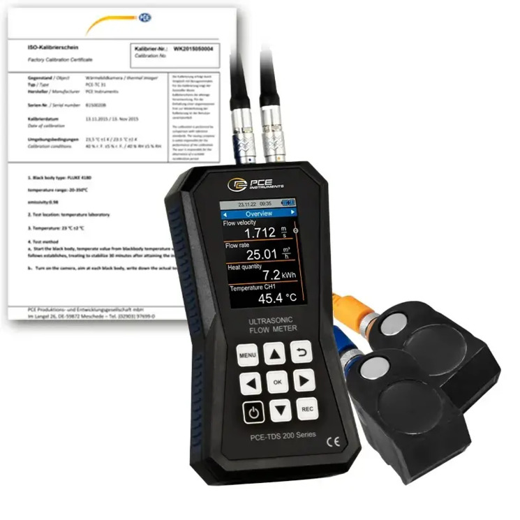 Débitmètre à ultrasons et certificat d´étalonnage ISO - débit, vitesse et volume d'un fluide